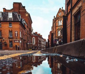 A puddle in a street in Leicester.