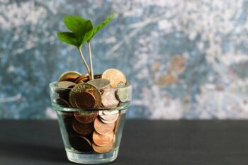 A plant growing in a glass full of coins.